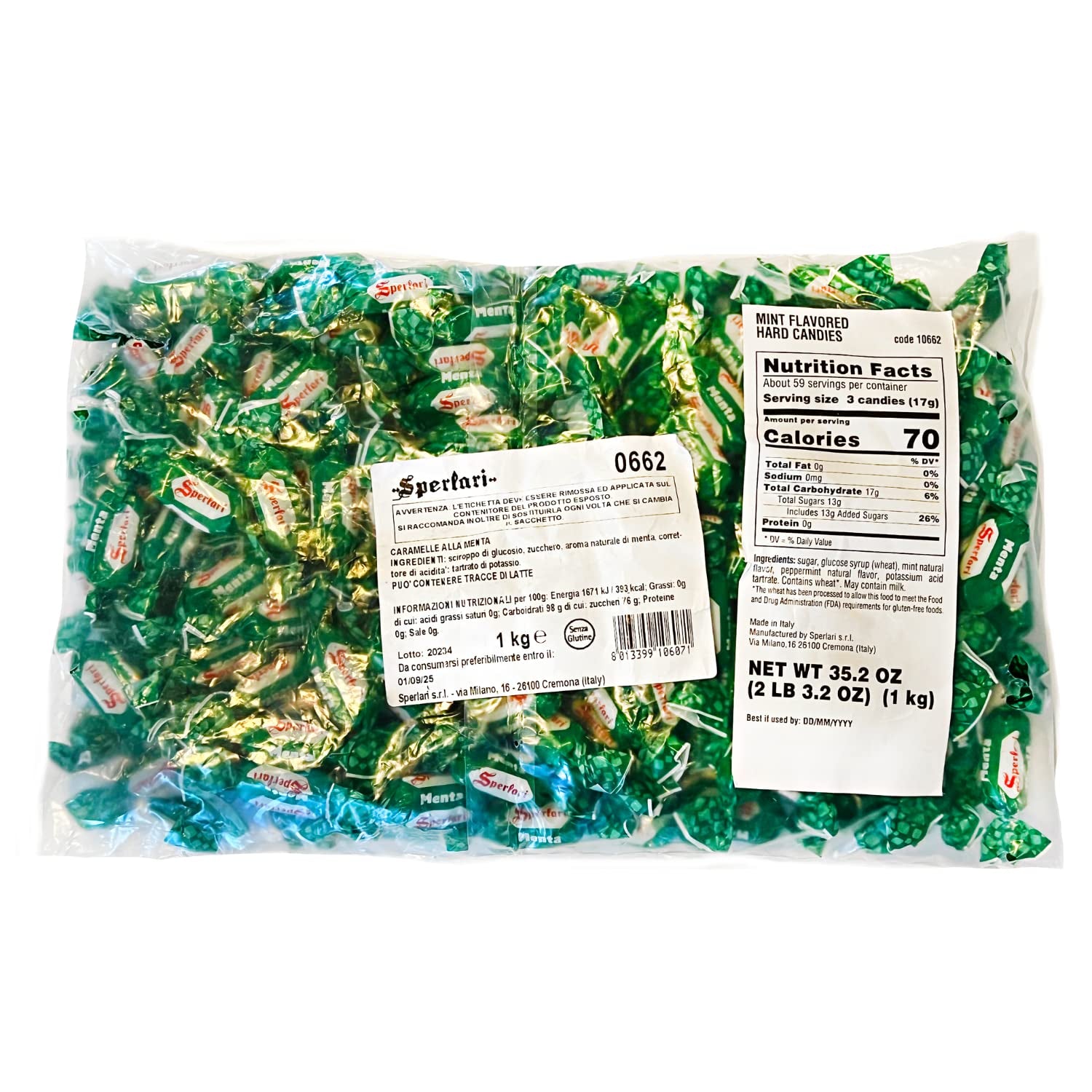 "Menta" Mint Hard Candy Bulk Bag, Individually Wrapped Italian Sweets, 1 Kg / 2.2 Lbs Bag (1-Pack)