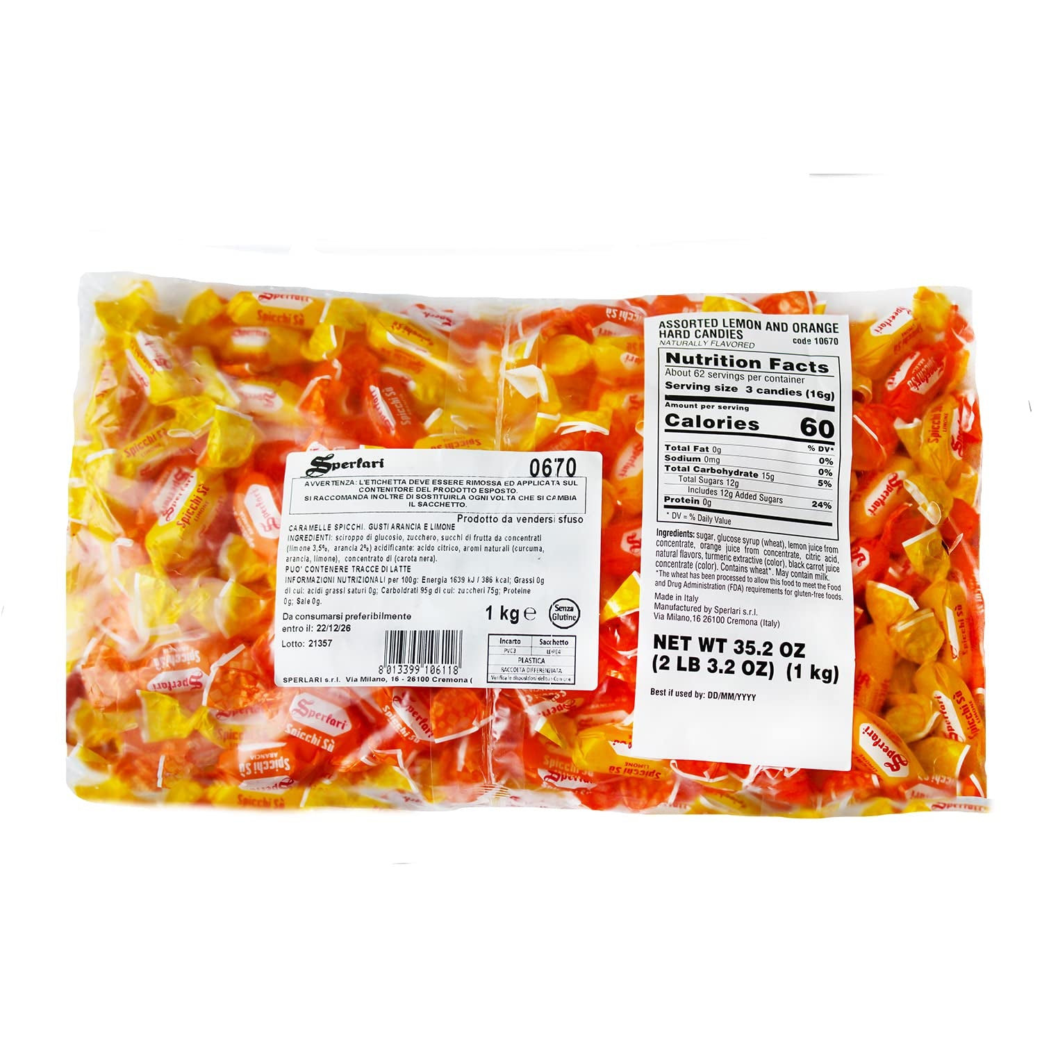 "Spicchi" Citrus Orange & Lemon Hard Candy Bulk Bag, Individually Wrapped Italian Sweets, 1 Kg / 2.2 Lbs Bag (1-Pack)